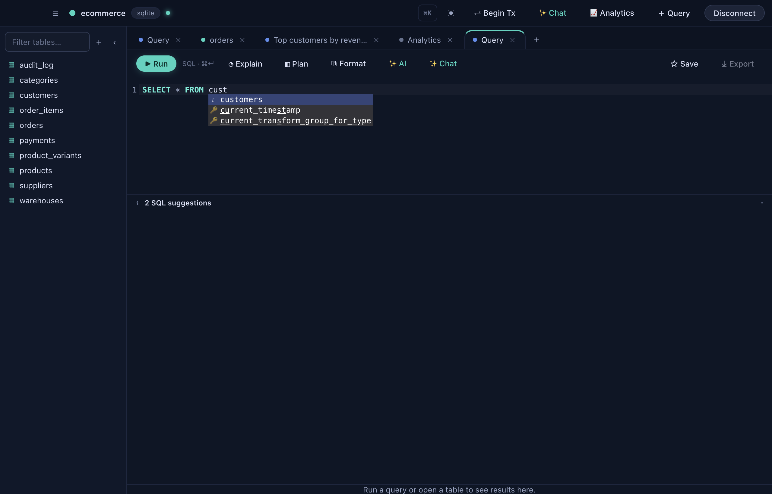 Schema-aware autocomplete suggesting columns from the connected database as you type.