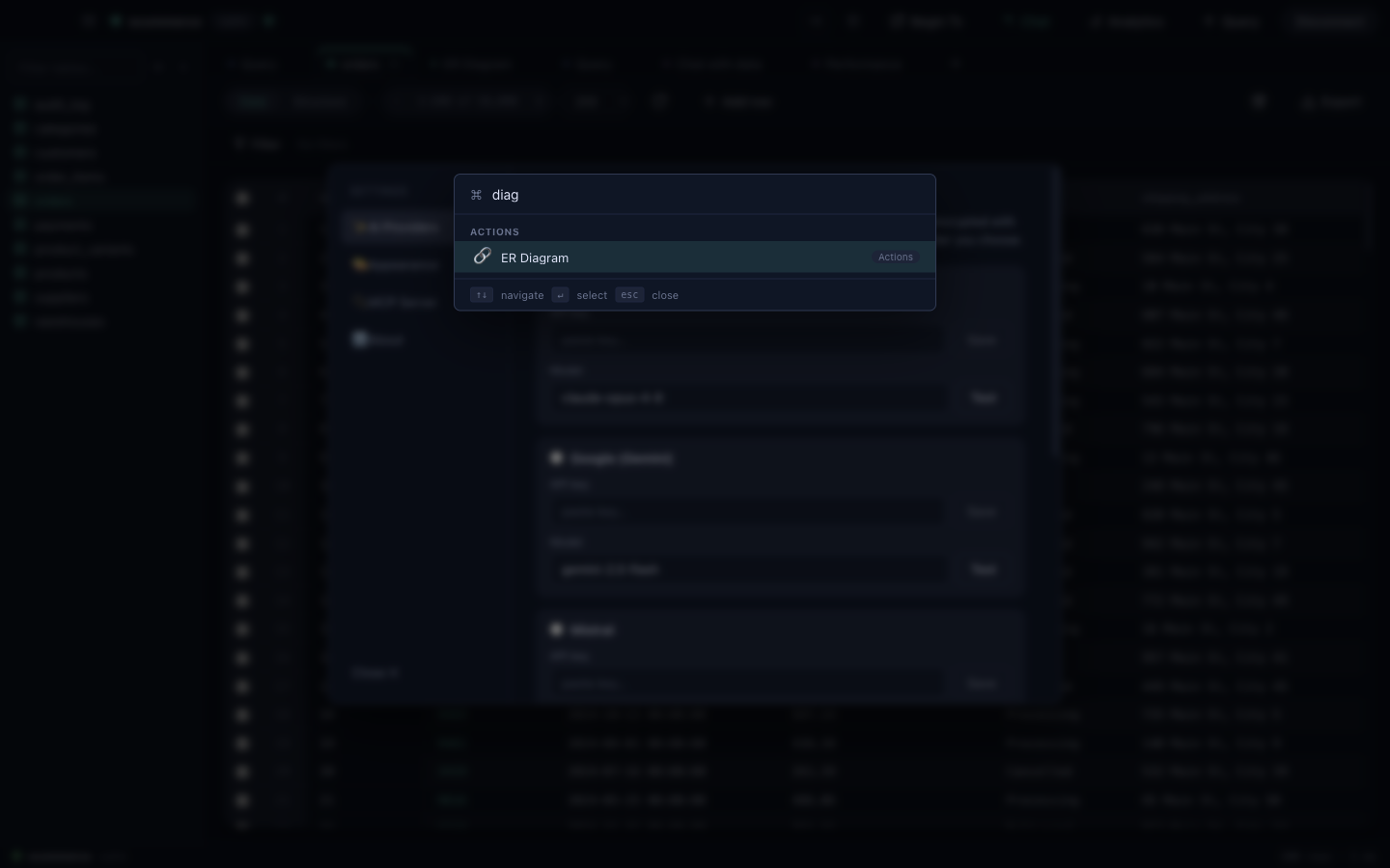 The command palette — type to jump to any table, view or action.