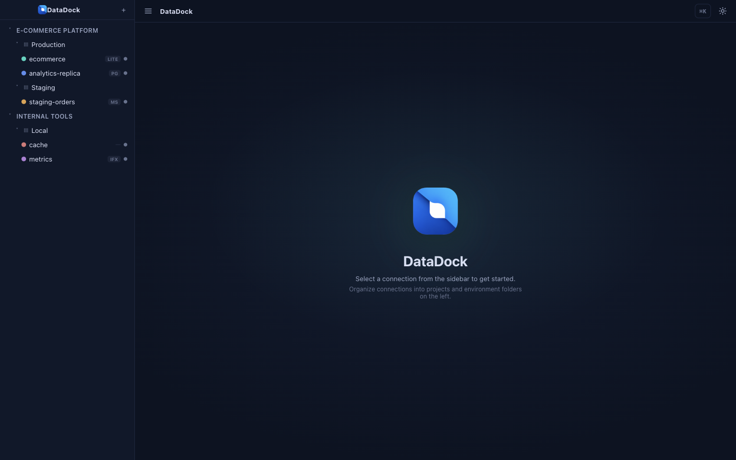 <strong>DataDock</strong> — connections are organized into projects and environment folders in the left sidebar.