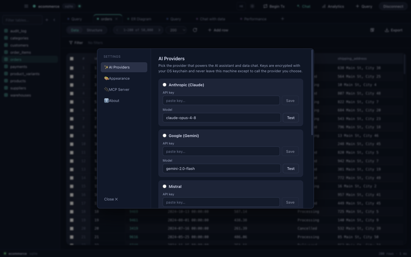 AI Providers in Settings — paste a key for Claude, Gemini, Mistral or Grok, or point at a local Ollama.