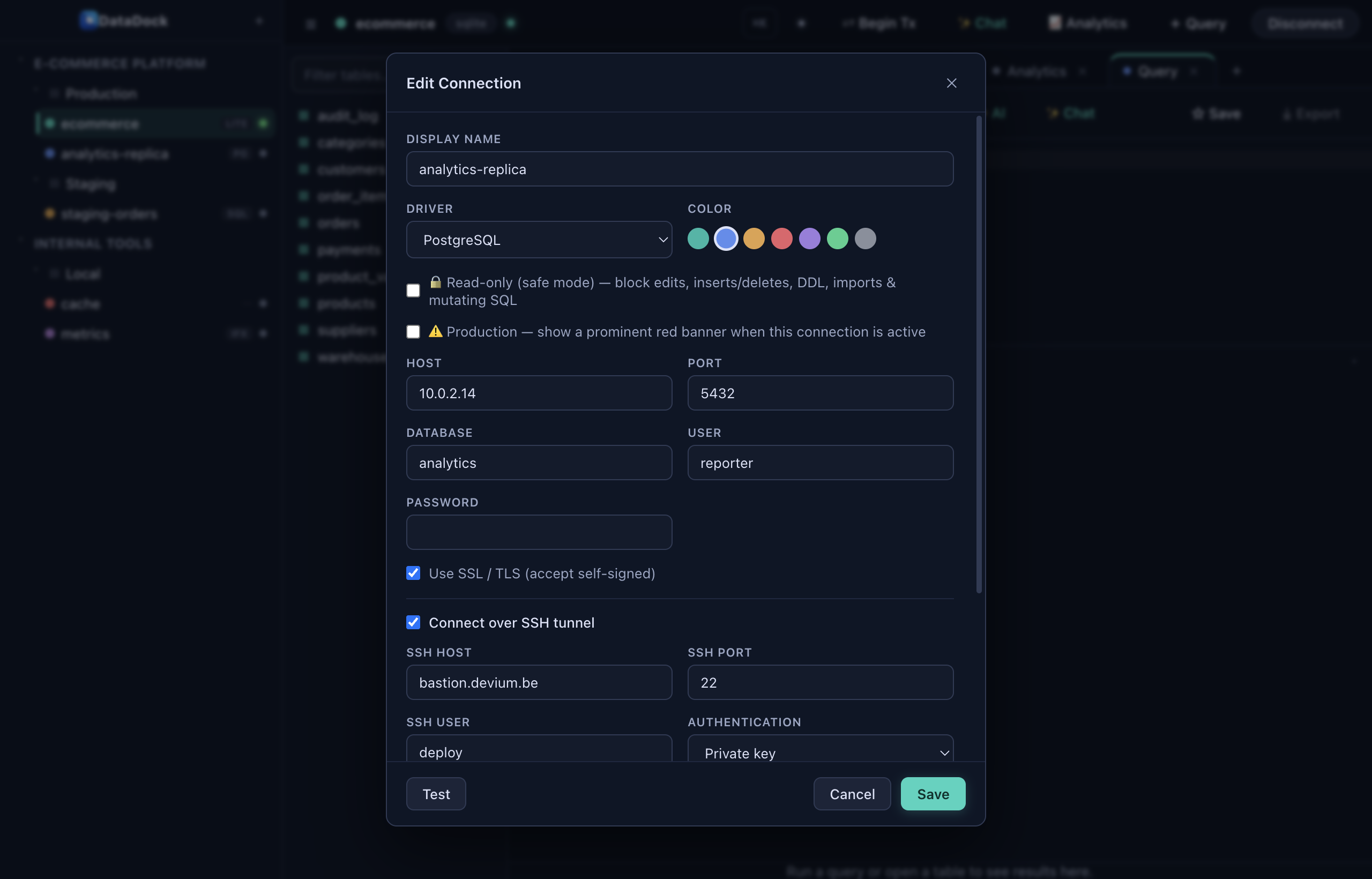Enabling an SSH tunnel on a connection — authenticate with a private key, a password or your SSH agent.