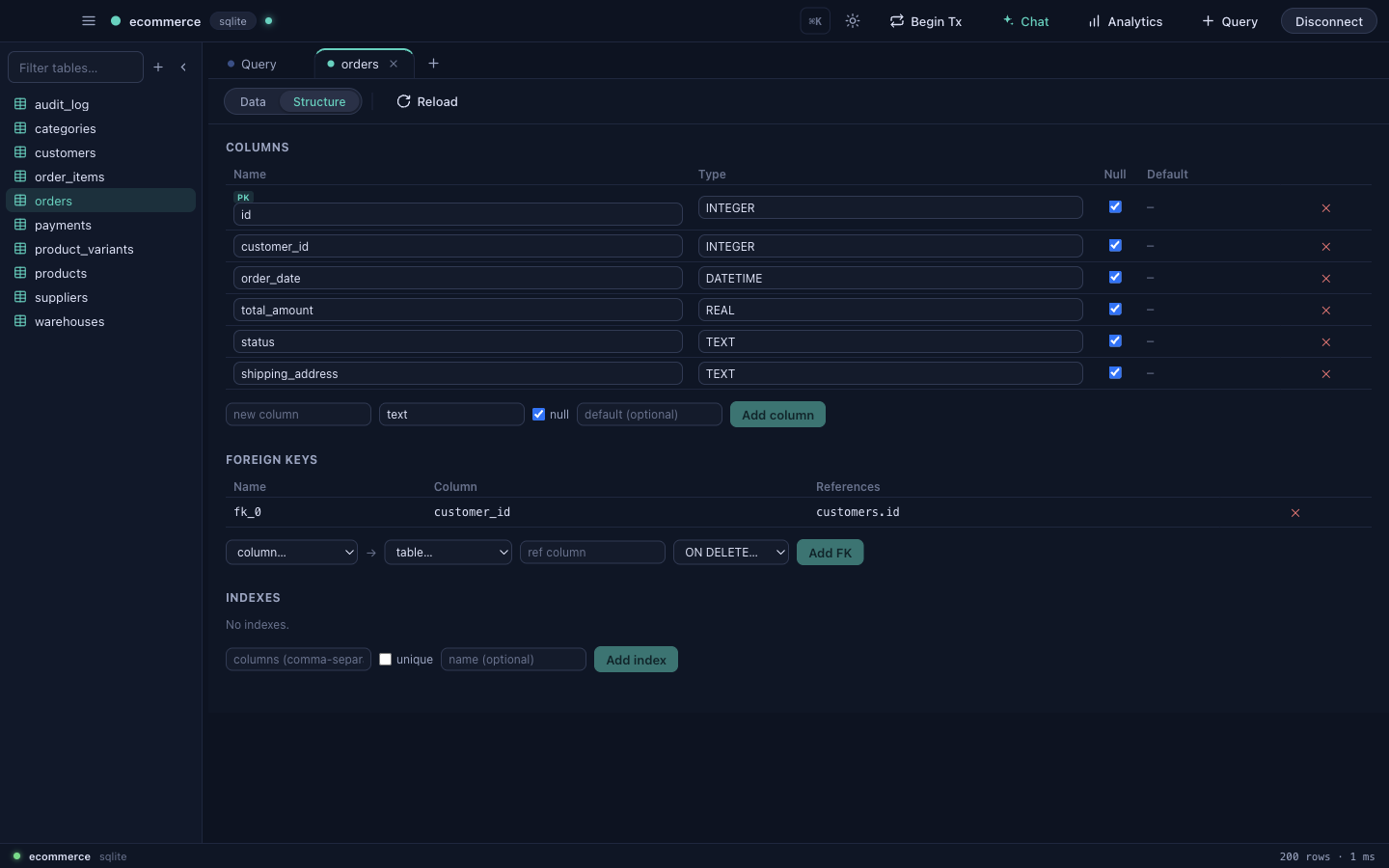 The Structure tab — edit columns, types, keys and indexes without writing DDL.